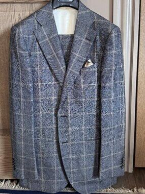 Suit Supply linen wool blend windowpane plaid 3 piece suit